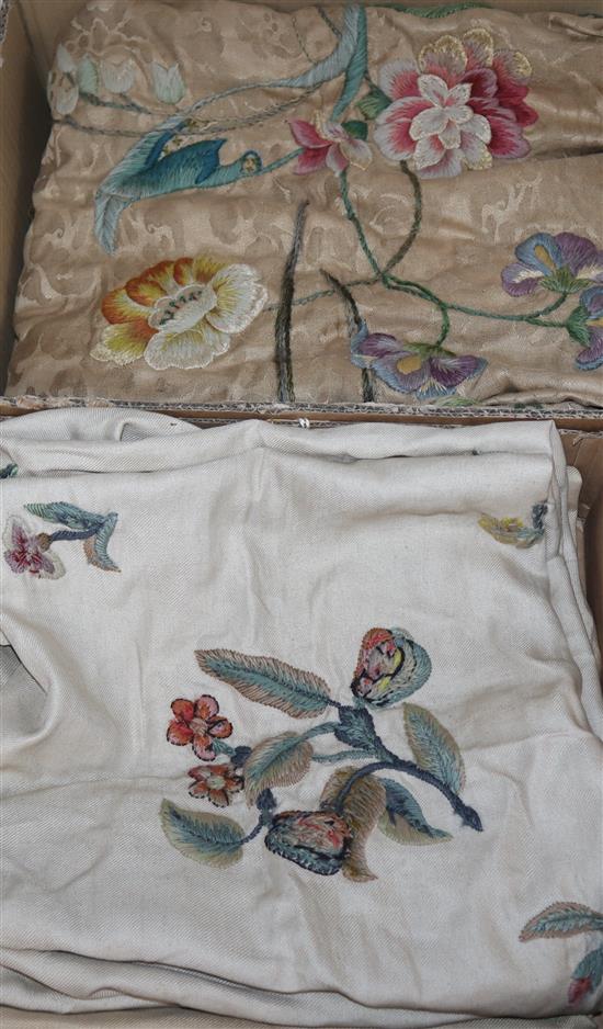 A crewel-worked panel, worked with polychrome wools embroidered as flowers, plus a quantity of crewel-worked cushion panels